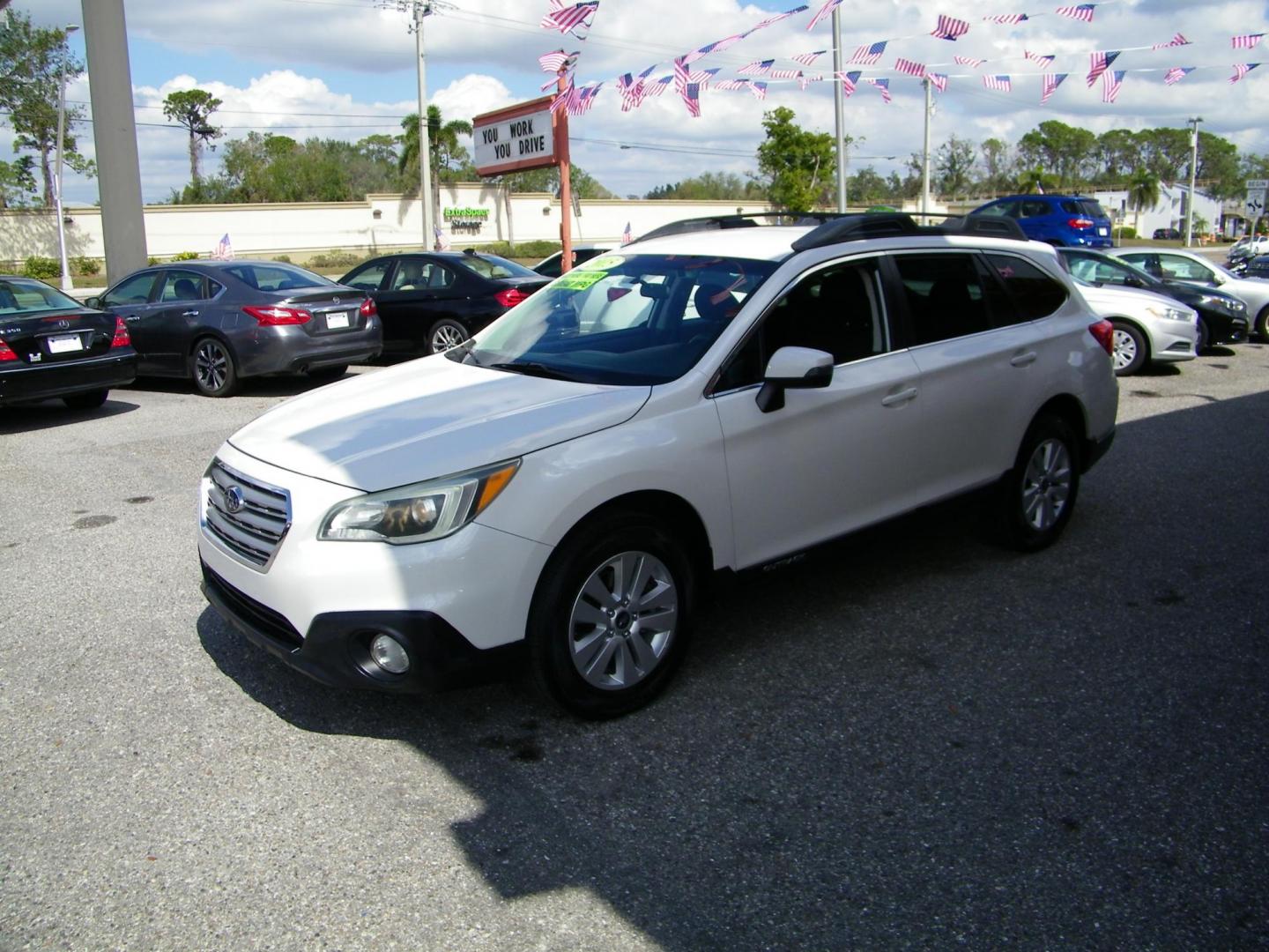 2015 White /Grey Subaru Outback 2.5i Premium (4S4BSBFC0F3) with an 2.5L H4 DOHC 16V engine, 6-Speed Automatic transmission, located at 4000 Bee Ridge Road, Sarasota, FL, 34233, (941) 926-0300, 27.298664, -82.489151 - Photo#0