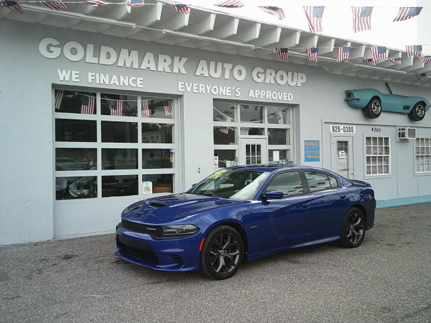 2018 Blue /Black Dodge Charger R/T (2C3CDXCT6JH) with an 5.7L V8 OHV 16V engine, 8A transmission, located at 4000 Bee Ridge Road, Sarasota, FL, 34233, (941) 926-0300, 27.298664, -82.489151- Photo#0